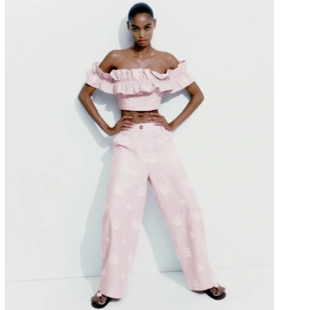 ZARA EMBROIDERED LINEN BLEND PANTS